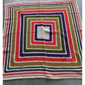Vintage Hand Crochet Afghan Throw Blanket Square Design Heavy Mint  Never Used